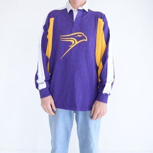 Barbarian Casual Purple Yellow Rugby 100% Cotton Long Sleeve Polo Shirt XL